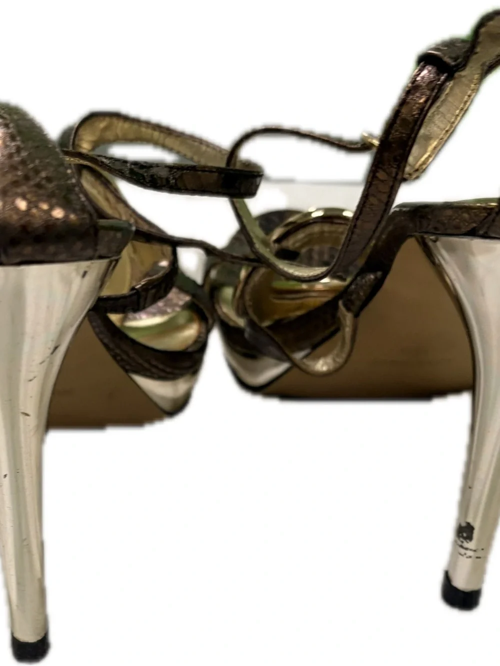 Nine West Metallic Brown Strappy Heels with Gold Accent